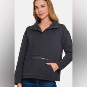 171 - Zenana NWT Outfitters Black Quarter Zip Fleece Top with Pockets, Size S-L